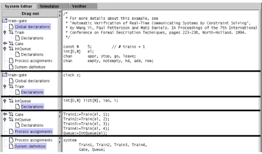 Fig. 10. The different local and global declarations of the train gate example. We superpose several screen-shots of the tool to show the declarations in a compact manner.