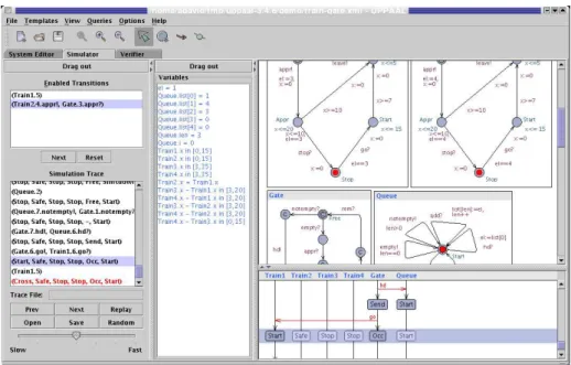 Fig. 11. View of the simulator tab for the train gate example. The interpretation of the constraint system in the variable panel depends on whether a transition in the transition panel is selected or not