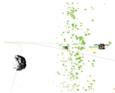 Figure 7:Example rendering of our approach withinKaNaRiA[22]:On-boardparticleﬁlterlocalization(color-coded spheres) before landing of our simulatedspacecraft.