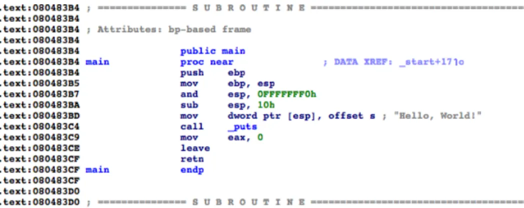 Figure 2.1: Disassembly of the Main Function to a Hello World Program (Taken from IDA Pro)