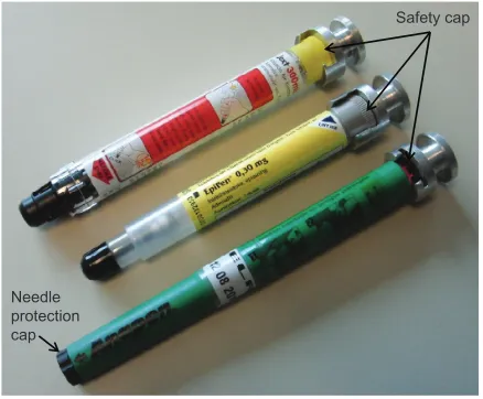 Figure 1 The three adrenaline auto-injectors compared in the study (Jext, top; EpiPen, middle; Anapen, bottom), with adapters attached for measurement of safety cap removal force.Note: The safety cap on each adrenaline auto-injector and the needle protection cap on the Anapen must be removed before activation is possible.