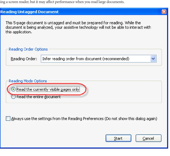 Figure 4:  Specifying Reading the Currently Visible Pages  After choosing your settings, tab to the Start button, and press the Enter key to begin  the tagging process