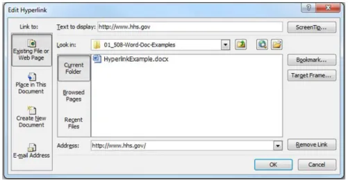 Figure 12. Edit Hyperlink dialog box showing “Text to display” field filled out 