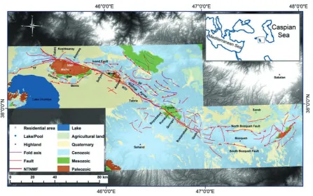 Figure 1. Shaded relief DEM with lithologic units and geologic structures (fault and foldaxes) compiled for this study