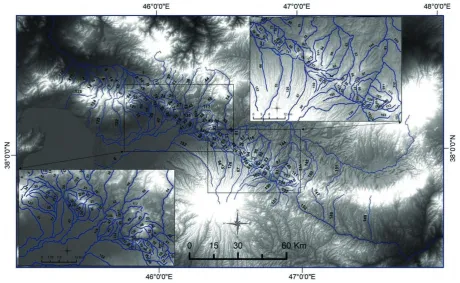 Figure 2. Index map of streams examined in this study, with shaded relief map inbackground