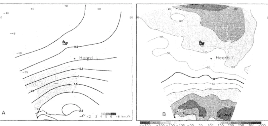 FIG. IO-period and  ERA40 diffirence patterns over the Macquarie Island sector for (A) near surface wind speed (greyscale shaded plot) sea level pressure (contour analysis) for the period I982-2002 minus the period I970-8I; and (B) precipitation for the I9