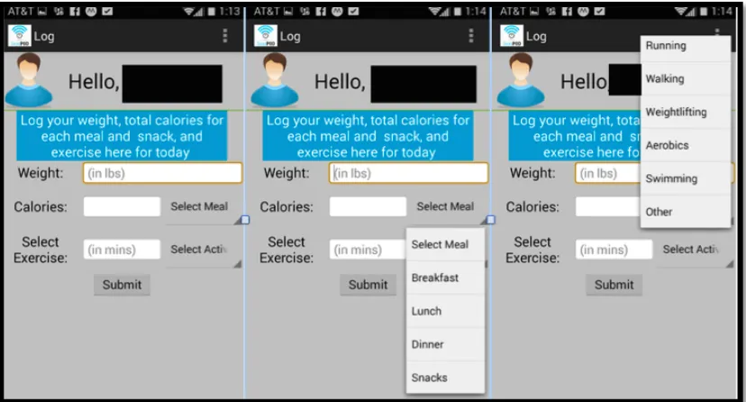 Figure 3.1: Screenshots of Social POD app home, meal tracking, and physical activity tracking screens