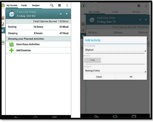 Figure 3.4: Physical activity tracking features of Fat Secret app. 