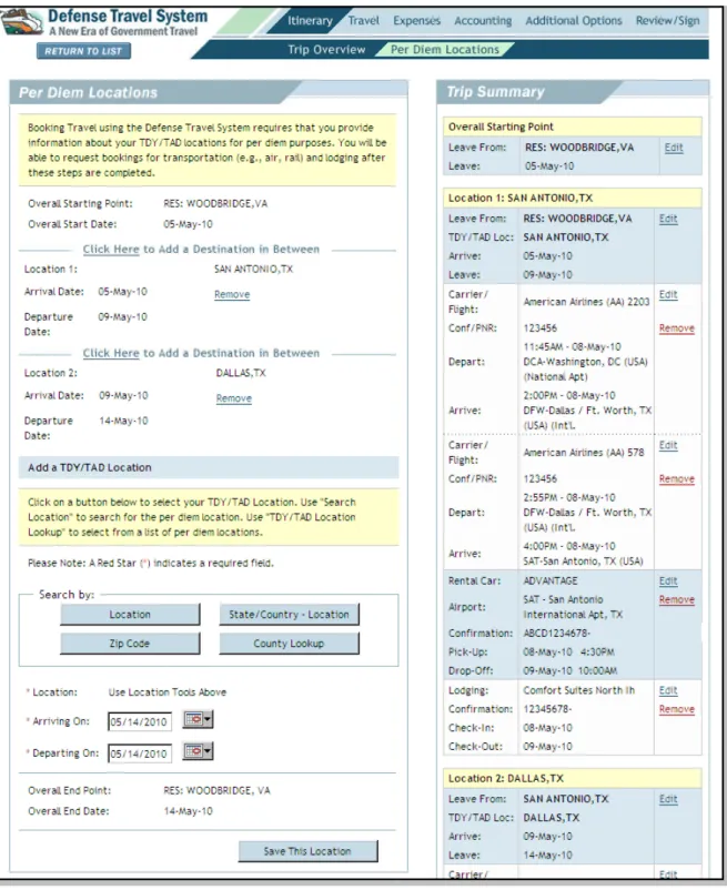 Figure 4-7: Per Diem Location Screen – Location 1 Changed