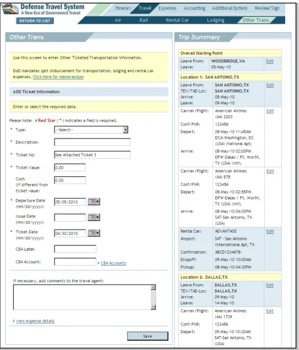 Figure 4-13: Other Ticketed Trans. Screen 3. Select the Type drop-down list and select the type of travel