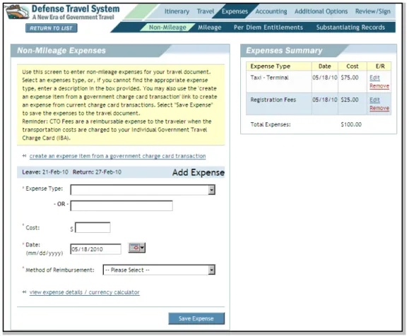 Figure 4-15: Non-Mileage Expenses Screen With Summary 