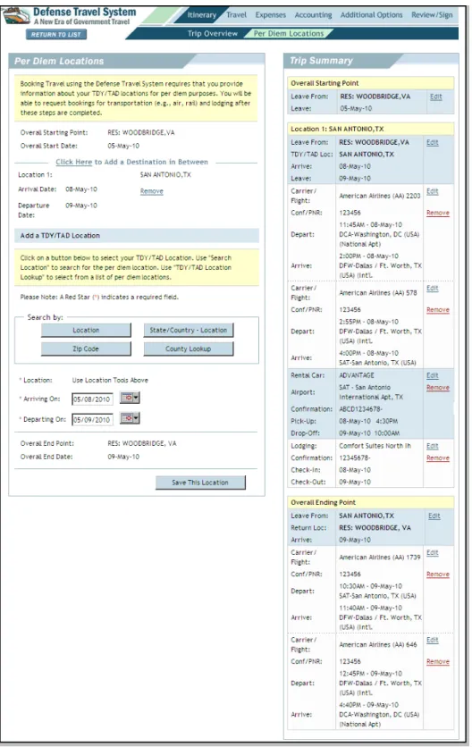 Figure 4-4: Per Diem Locations Screen - Change Date for Location 1 5. Select Edit for Location 1 in the Trip Summary box.