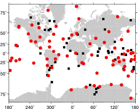 Figure 1.Locations of GPS sites included in the analysis(black squares). The 73 sites used in the in the noiseanalysis are shown as red circles.