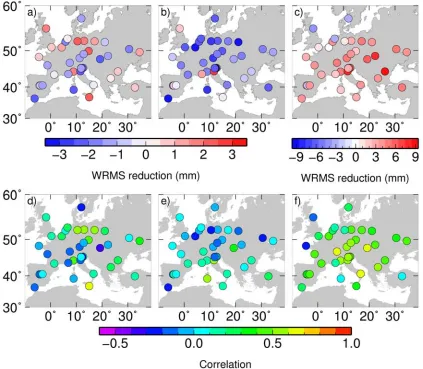 Figure 3.Reduction in RMS over Europe of GPS height anomalies after removing a linear trend and elastic deformationderived from GRACE for the (a) north (b) east (c) up components