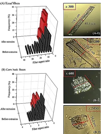 Figure 11. The variations of the aspect ratio of (A) kenaf fibers and (B) corn husk flours before and after the  extrusion process: A-1 and B-1 before the extrusion, A-2 and B-2 after the extrusion (Kwon et al., 2014)