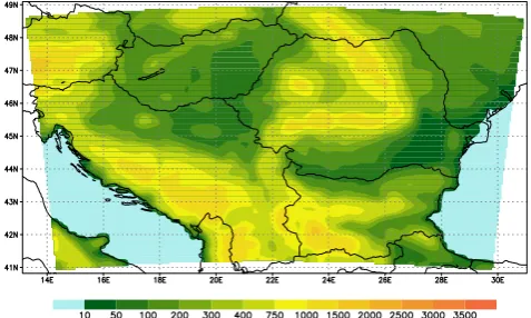 Fig. 2. The RegCM3 model domain and orography (in meters oncolor bar): �x=10 km, Lambert conform projection.