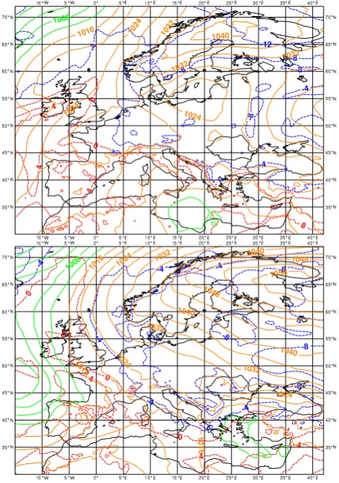 Fig. 3. Mean sea level pressure [hPa] (pressure18:00 UTCdashed,> ≤1012 – green,1012 – orange isoline) and 850 hPa temperature [◦C] (<0 – blue ≥0 – red isolines), ECMWF analysis: 31 December 2007, (a) and 2 January 2008, 00:00 UTC (b).