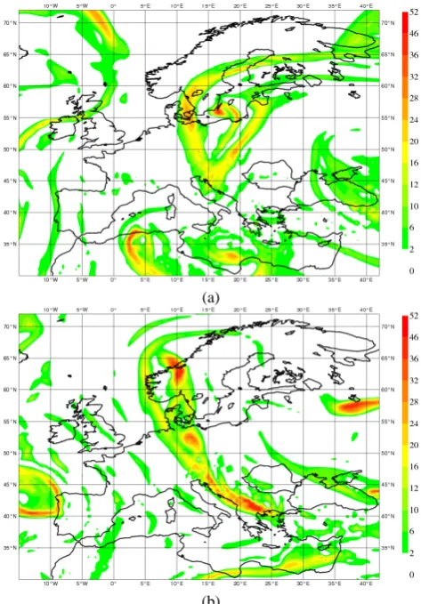 Fig. 4. 300 hPa geopotential height [dam] (brick) and temperature00:00 UTC[◦C] (blue dash), ECMWF model analysis: 31 December 2007,18:00 UTC (a), 2 January 2008, 00:00 UTC (b), 3 January 2008, (c).