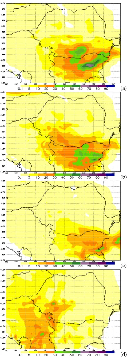 Fig. 14. RegCM3 (174 h�x=10 km) last 24 h cumulated precipitation[mm] for different forecast ranges: 30 h (a), 54 h (b), 126 h (c) and (d), valid at 3 January 2008, 06:00 UTC.