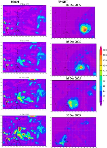Fig. 6. Comparison between model derived (domain -3) and satellite merged 3B42RT rainfall.