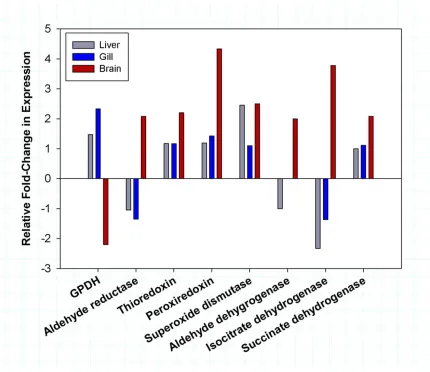 Figure 1.8: Differential expression of redox regulator proteins in T. bernacchii.compared to control fish were obtained from the RNAseq analysis and directly compared fold-change in expression of annotated redox regulator proteins in +4 °C acclimated fish 