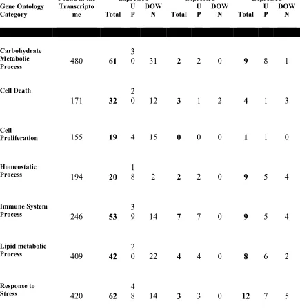 Table 2.1: A summary of major gene ontology groups demonstrating differential gene expression at the 7d, 28d, and 56d time-points of the multi-stressor condition