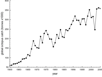 Figure 1.2  Global octopus catch from 1950 – 2005 (FAO 2008).    