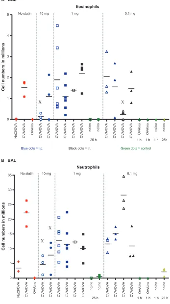 Figure 2 single data and mean values of (groups in the first experiment after simvastatin 10 mg IP and in the first experiment after simvastatin 0.1 mg  IT (Abbreviations: A) eosinophils and (B) neutrophils in BAL fluid