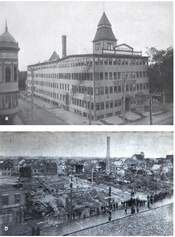 Figure 2: Boiler explosion at Groover shoe factory, adapted from [3,4,5]. (a) Groover Shoe Factory before the Boiler  explosion on 20 March 1905, (b) Groover Shoe Factory after the Boiler explosion  