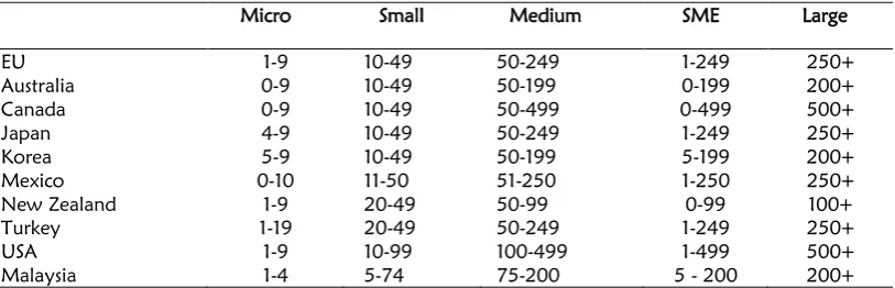 Table 1: Size of Firms by Number of Employees in different countries 