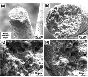 Figure 8: SEM fractographs of tensile tested failed wire rope: (a) low magnification and (b-d) High magnification reveals flat fracture with intergranular mode of failure