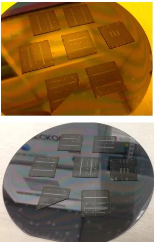 Figure 2.9   Photograph of samples (top) after patterning resist on the PECVD oxide (bottom) after etching the oxide in RIE