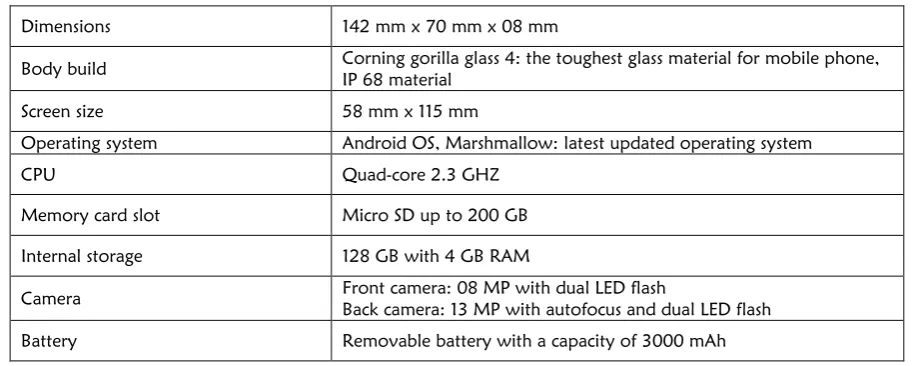 Table 6: Design specifications of the concept selected.  