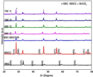 Fig. 1 - X-ray diffractograms for commercial SSC, SDCC and calcined composite cathode SSC-SDCC5