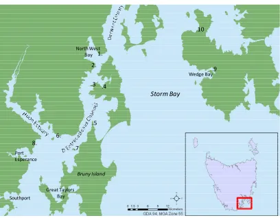 Figure 2-1 Study region.  Locality of other areas mentioned in this document, 1. Tinderbox, 2