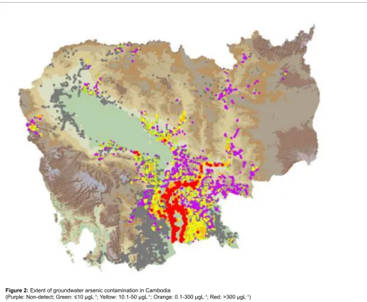 Figure 2: Extent of groundwater arsenic contamination in Cambodia(Purple: Non-detect; Green: ≤10 μgL-1; Yellow: 10.1-50 μgL-1; Orange: 0.1-300 μgL-1; Red: >300 μgL-1)