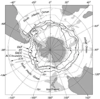 Figure 2.2: Schematic map of the principal fronts of the Southern Ocean. 