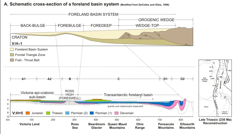 Figure 2.5: Comparison of the schematic cross-section for a foreland basin system (DeCellesand Giles, 1996) with the orogen normal cross-section of the Transantarctic Basin (Collinson et al., 1994)  