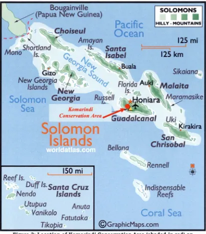 Figure 3: Location of Komarindi Conservation Area (shaded in red) on Guadalcanal Island (source: worldatlas.com) 