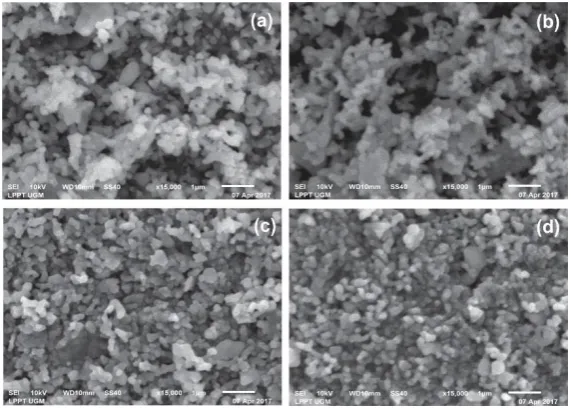Figure 3. SEM EDX results of HAp synthesized from crab shells at (a) room temperature, (b) 40°C, (c) 60°C, and (d) 80°C