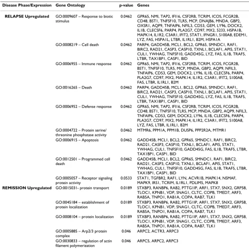 Table 1: GO pathways over-represented in the relapse and remission upregulated gene sets.
