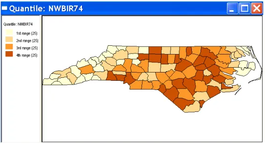 Figure 2.2: Quartile map for count of non-white births (NWBIR74).