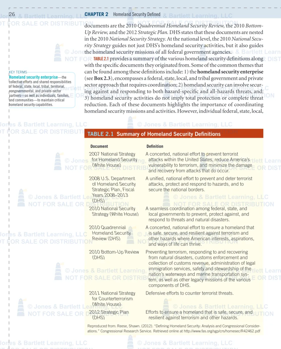 Table 2.1  Summary of Homeland Security Definitions