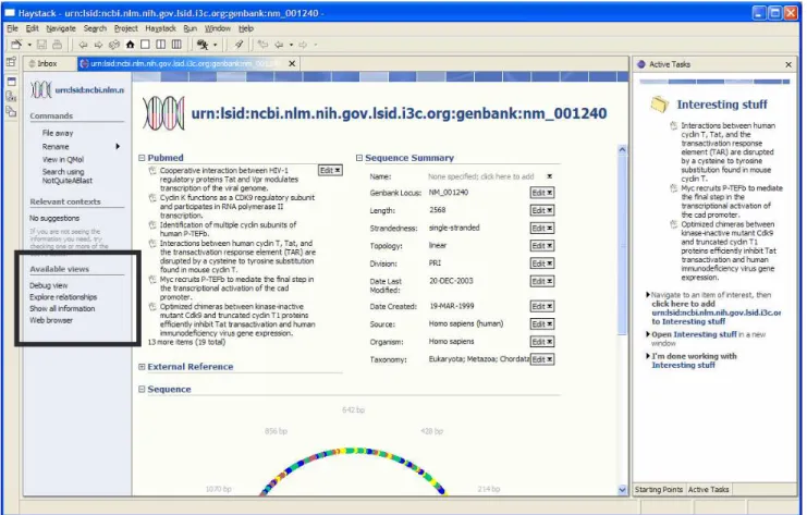 Figure 1. Haystack displaying mRNA sequence data named by LSID from multiple sources  (side:  an  ad hoc  collection  of  related  resources collected by the user; thick box indicates view selector control)