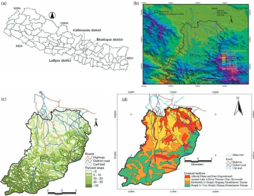 Figure 1. The study area: (a) map of Nepal showing the Lalitpur and Bhaktapur Districts, (b) digital elevation model of the study area, (c) slope (%) in the study area, and d) dominant landforms