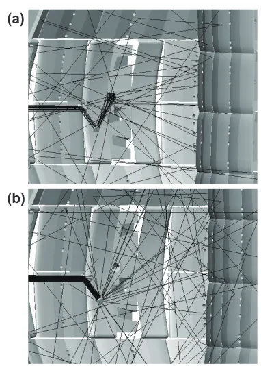 Fig. 7Ray paths in typical two cases: (a) Rs = Rt with ws =0.01◦ (Rd = 0%) and (b) Rd = Rt (Rs = 0%).