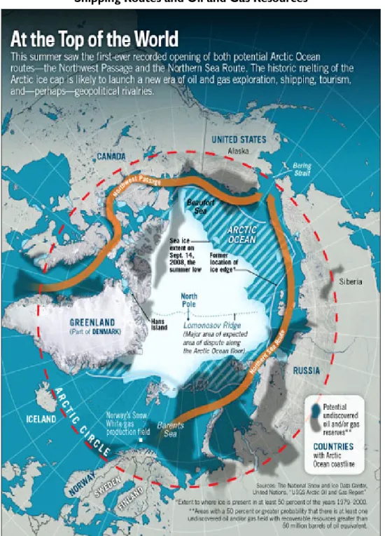 Figure 3. Arctic Sea Ice Extent in September 2008, Compared with Prospective  Shipping Routes and Oil and Gas Resources 