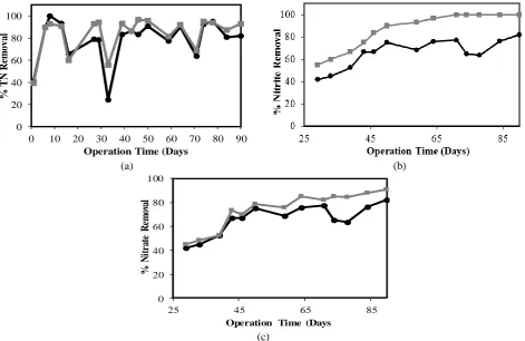 Fig. 7 depicts the trend of TN, nitrate and nitrite removal performances of the SBR throughout the granulation process