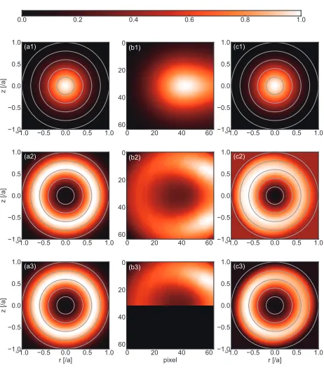 Fig. 5The emission proﬁle assumed is shown in Figs. (a1), (a2)and (a3). Emission proﬁle of exp(−(ρ/0.3)2) is assumedin (a1) and exp(−((ρ − 0.7)/0.05)2) in (a2) and (a3)