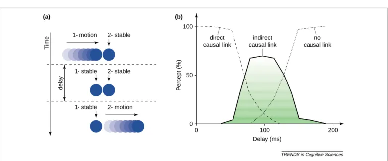 Fig. 1. Discrete effects in causality perception. (a) Disk 1 moves towards disk 2 and stops